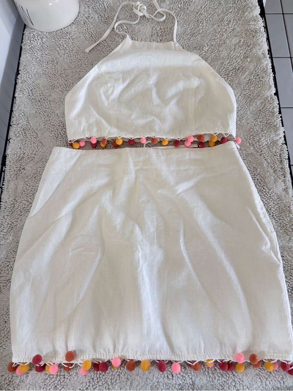 Forever 21 Sz L 2-pc Mini Pom Pom White Skirt & Halter Top Linen Blend Y2K Fun